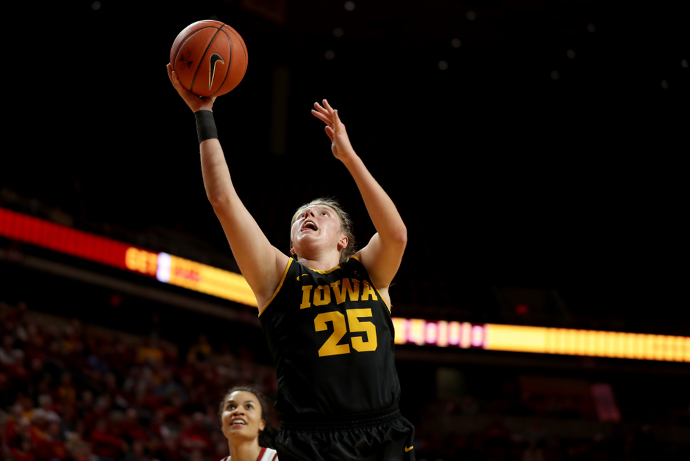 Iowa Hawkeyes forward/center Monika Czinano (25) against the Iowa State Cyclones Wednesday, December 11, 2019 at Hilton Coliseum in Ames, Iowa(Brian Ray/hawkeyesports.com)
