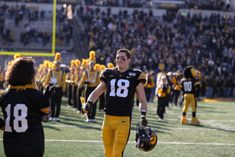 Iowa Hawkeyes defensive back John Milani (18) during Senior Day festivities before their game against the Illinois Fighting Illini Saturday, November 23, 2019 at Kinnick Stadium. (Brian Ray/hawkeyesports.com)