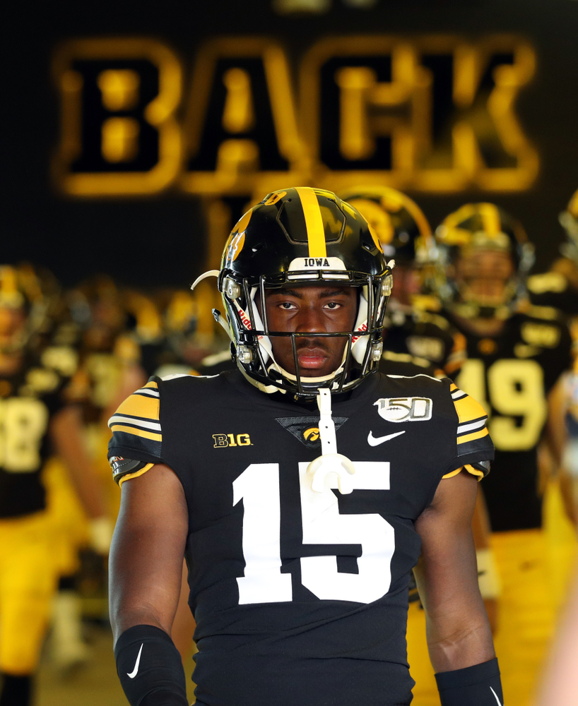 Iowa Hawkeyes running back Tyler Goodson (15) against the Rutgers Scarlet Knights Saturday, September 7, 2019 at Kinnick Stadium. (Brian Ray/hawkeyesports.com)