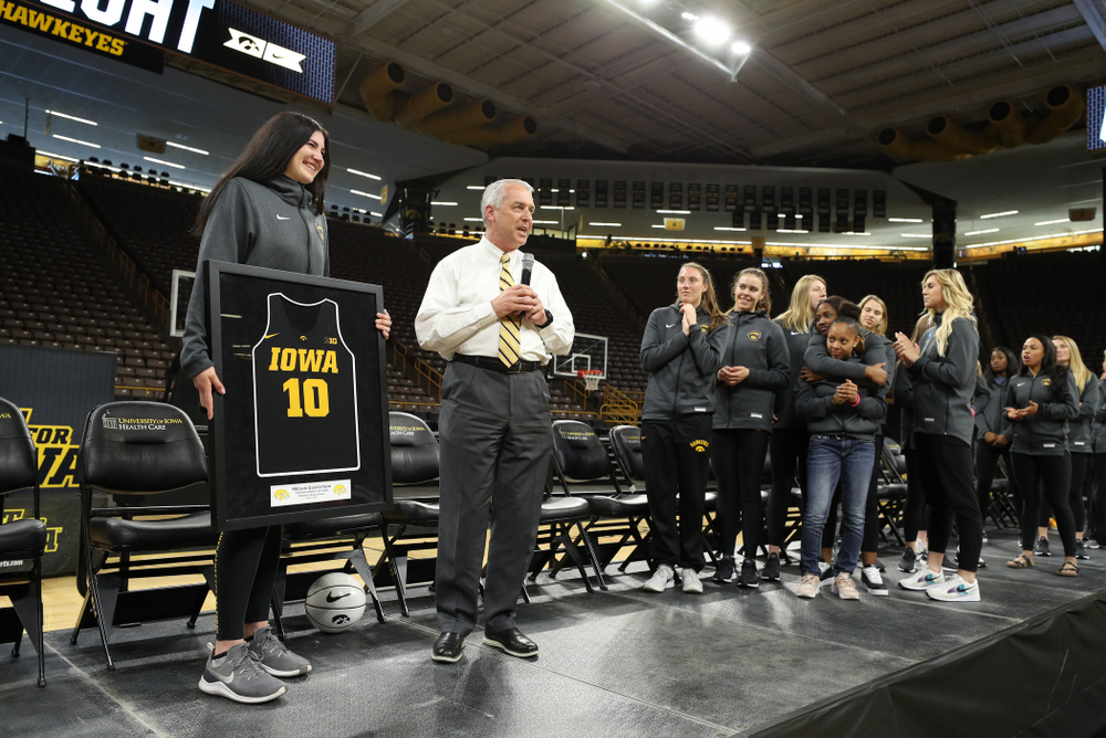 Henry B. and Patricia B. Tippie Director of Athletics Chair announces that the jersey of Iowa Hawkeyes forward Megan Gustafson (10) will be retired at a ceremony next season during the teamÕs Celebr-Eight event Wednesday, April 24, 2019 at Carver-Hawkeye Arena. (Brian Ray/hawkeyesports.com)