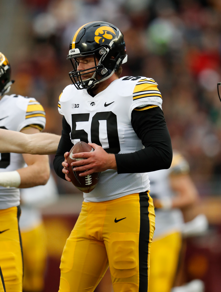 Iowa Hawkeyes long snapper Jackson Subbert (50) against the Minnesota Golden Gophers Saturday, October 6, 2018 at TCF Bank Stadium. (Brian Ray/hawkeyesports.com)