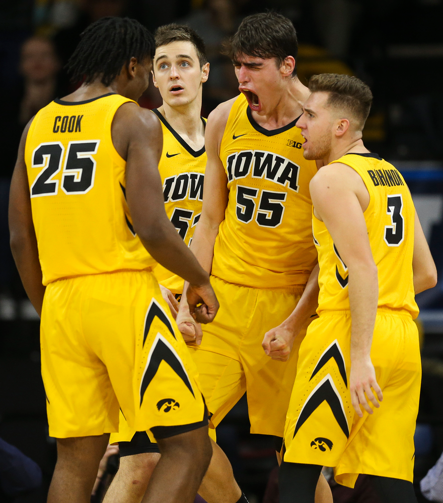 Iowa Hawkeyes forward Luka Garza (55) reacts after making a basket while being fouled against Wisconsin on November 30, 2018 at Carver-Hawkeye Arena. (Tork Mason/hawkeyesports.com)