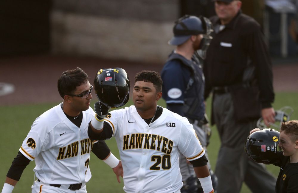 Iowa Hawkeyes Izaya Fullard (20) hits a home run during game one against UC Irvine Friday, May 3, 2019 at Duane Banks Field. (Brian Ray/hawkeyesports.com)