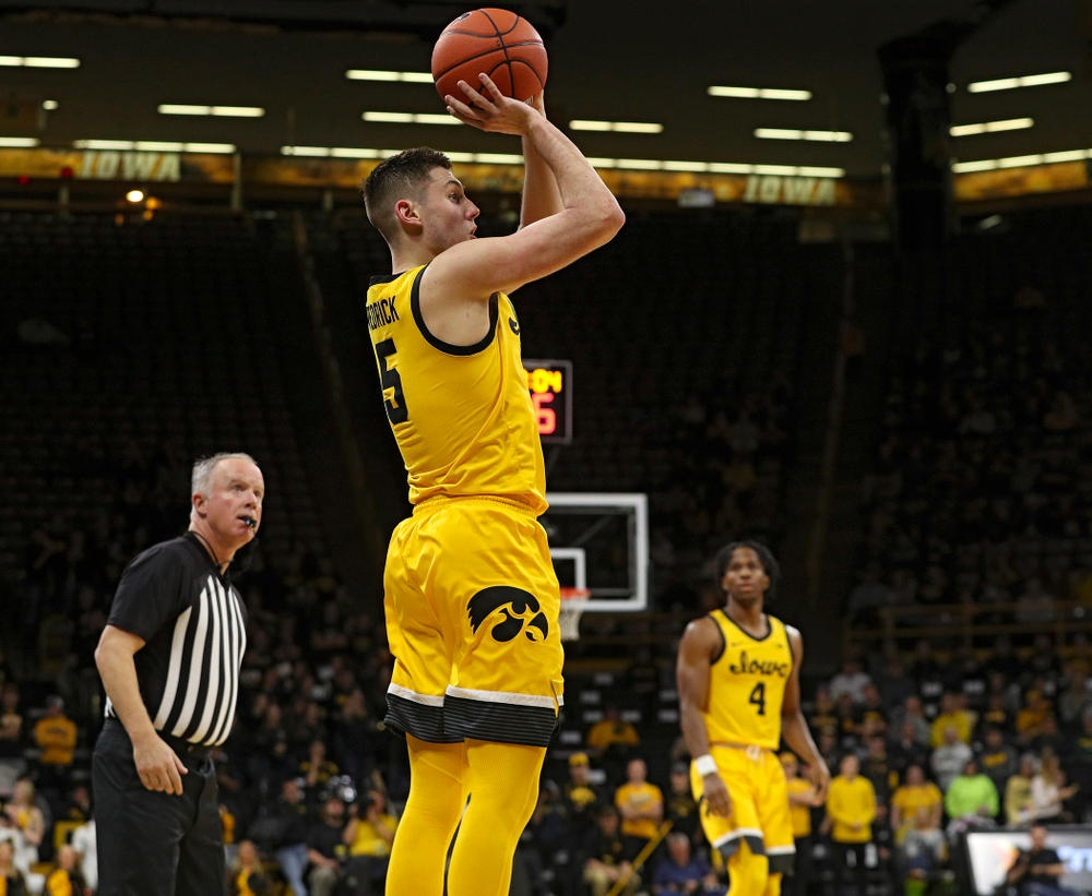 Iowa Hawkeyes guard CJ Fredrick (5) makes a basket during the second half of their game at Carver-Hawkeye Arena in Iowa City on Monday, Nov 11, 2019. (Stephen Mally/hawkeyesports.com)