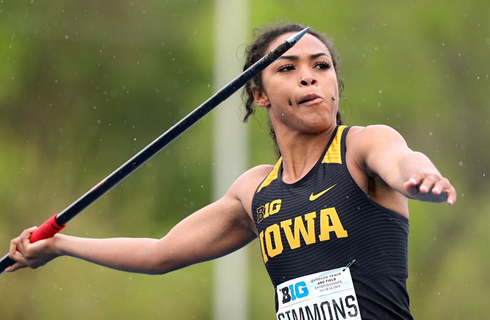 Iowa's Tria Simmons throws in the women’s javelin in the heptathlon event on the second day of the Big Ten Outdoor Track and Field Championships at Francis X. Cretzmeyer Track in Iowa City on Saturday, May. 11, 2019. (Stephen Mally/hawkeyesports.com)