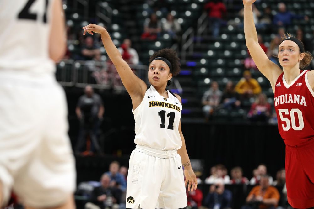 Iowa Hawkeyes guard Tania Davis (11) against the Indiana Hoosiers in the quarterfinals of the Big Ten Tournament Friday, March 8, 2019 at Bankers Life Fieldhouse in Indianapolis, Ind. (Brian Ray/hawkeyesports.com)