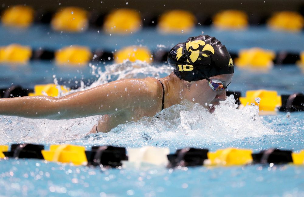 IowaÕs Christina Kaufman competes in the 200 yard butterfly against Notre Dame and Illinois Saturday, January 11, 2020 at the Campus Recreation and Wellness Center. (Brian Ray/hawkeyesports.com)