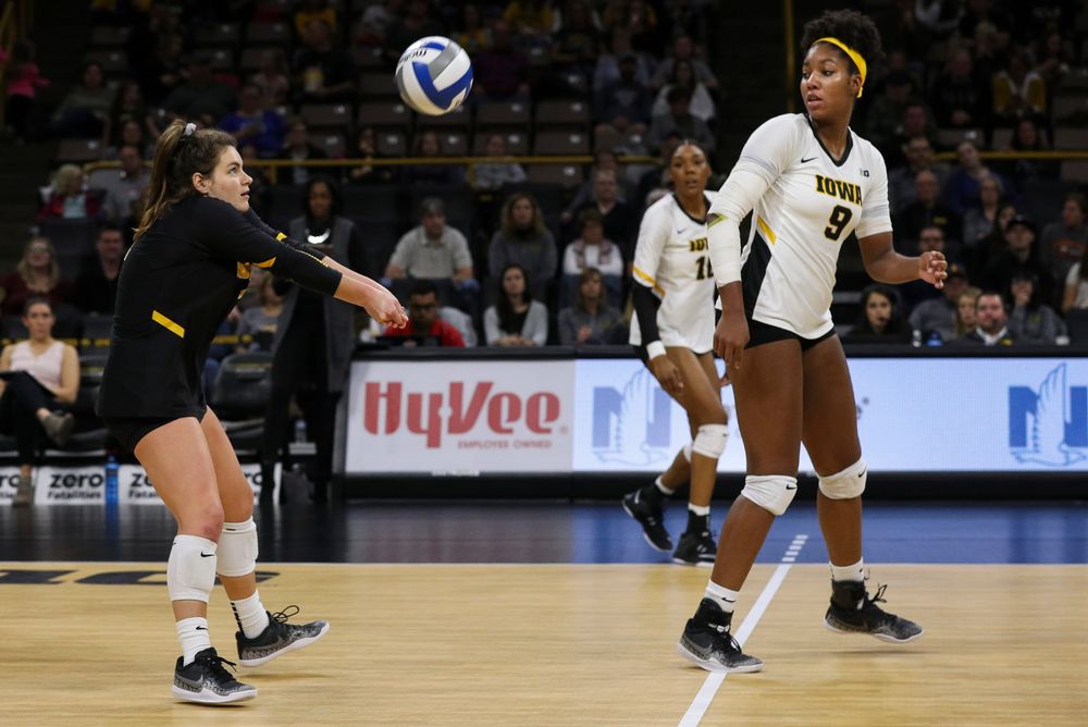 Iowa Hawkeyes defensive specialist Molly Kelly (1) bumps the ball during a match against Rutgers at Carver-Hawkeye Arena on November 2, 2018. (Tork Mason/hawkeyesports.com)