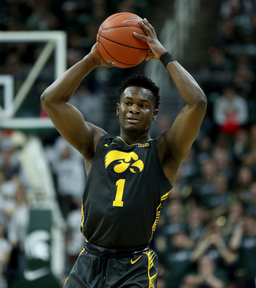 Iowa Hawkeyes guard Joe Toussaint (1) against Michigan State Tuesday, February 25, 2020 at the Breslin Center in East Lansing, MI. (Brian Ray/hawkeyesports.com)
