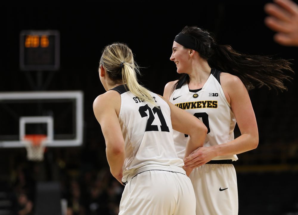 Iowa Hawkeyes forward Megan Gustafson (10) and forward Hannah Stewart (21) against the Nebraska Cornhuskers Thursday, January 3, 2019 at Carver-Hawkeye Arena. (Brian Ray/hawkeyesports.com)