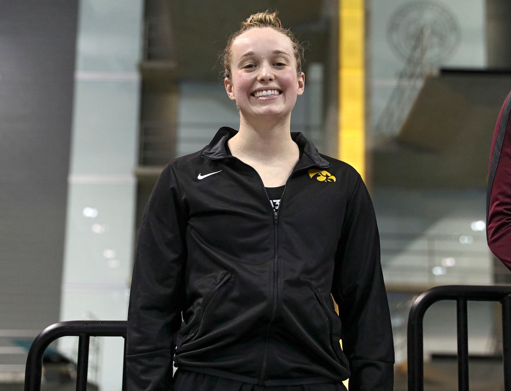 Iowa’s Kelsey Drake on the awards stand after swimming the women’s 100 yard butterfly final event during the 2020 Women’s Big Ten Swimming and Diving Championships at the Campus Recreation and Wellness Center in Iowa City on Friday, February 21, 2020. (Stephen Mally/hawkeyesports.com)