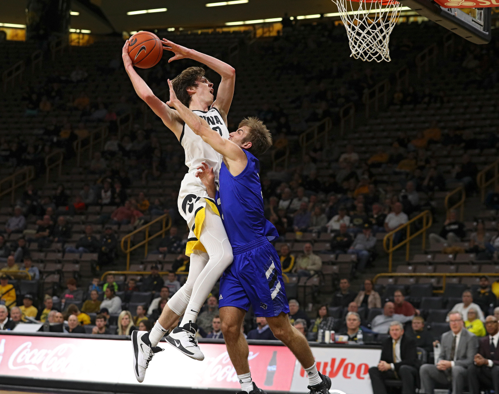 Iowa Hawkeyes forward Patrick McCaffery (22) puts up a shot during the second half of their exhibition game against Lindsey Wilson College at Carver-Hawkeye Arena in Iowa City on Monday, Nov 4, 2019. (Stephen Mally/hawkeyesports.com)
