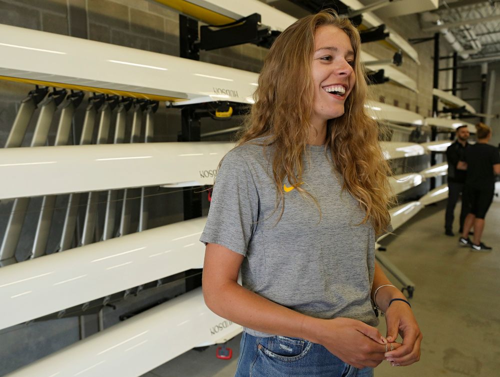 Iowa's Eve Stewart answers a question during media availability at the P. Sue Beckwith, M.D., Boathouse in Iowa City on Wednesday, Apr. 10, 2019. (Stephen Mally/hawkeyesports.com)