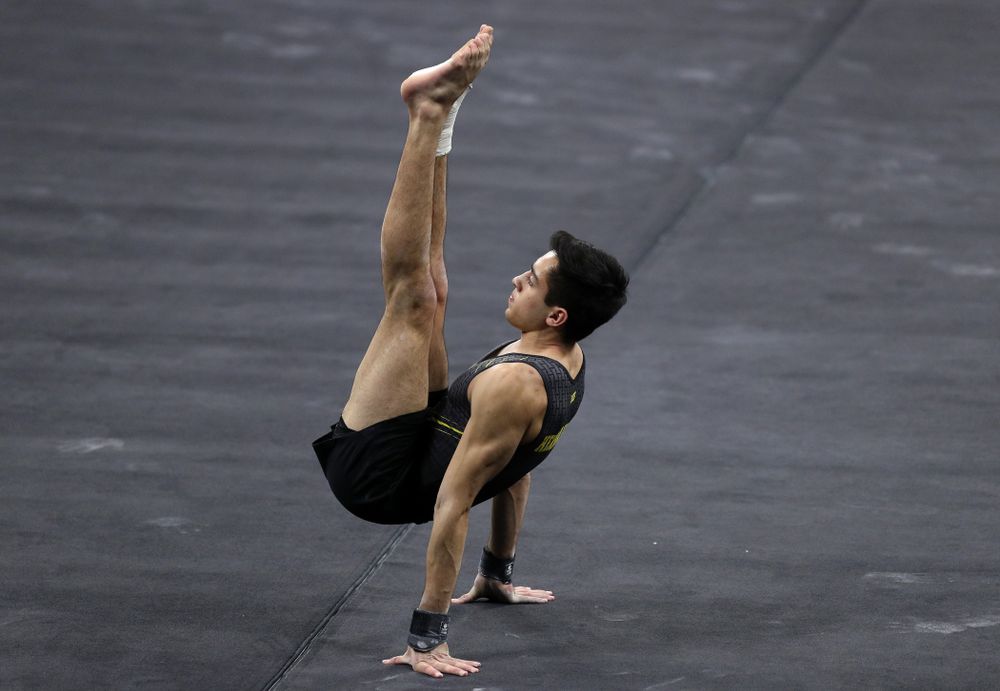 Iowa's Andrew Herrador competes on the floor against Oklahoma Saturday, February 9, 2019 at Carver-Hawkeye Arena. (Brian Ray/hawkeyesports.com)