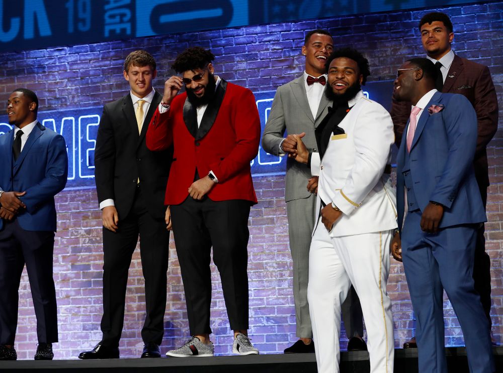 Iowa's T.J. Hockenson and Noah Fant on stage before the first round of the 2019 NFL Draft Thursday, April 25, 2019 in Nashville. (Darren Miller/hawkeyesports.com)