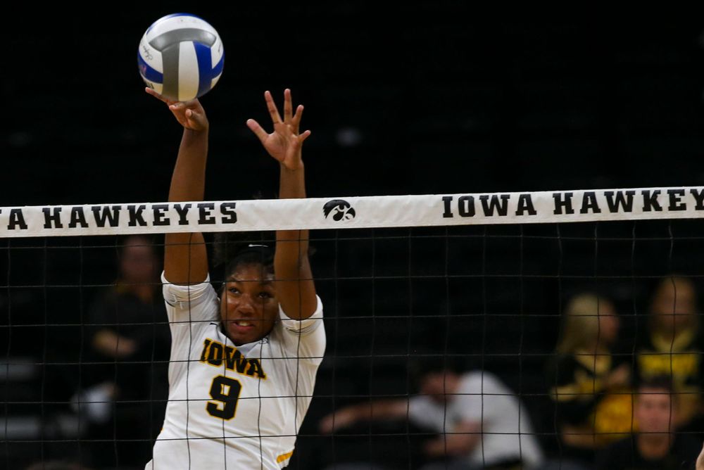 Iowa Hawkeyes middle blocker Amiya Jones (9) against Coastal Carolina Friday, September 20, 2019 at Carver-Hawkeye Arena. (Lily Smith/hawkeyesports.com)