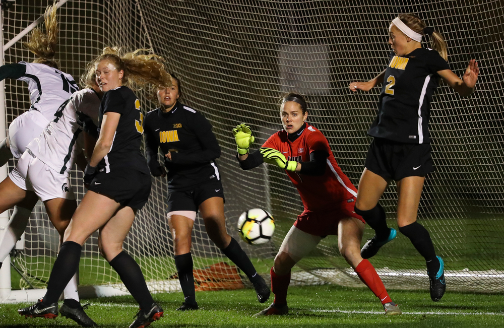 Iowa Hawkeyes goalkeeper Claire Graves (1) defends the goal on a corner kick during a game against Michigan State at the Iowa Soccer Complex on October 12, 2018. (Tork Mason/hawkeyesports.com)