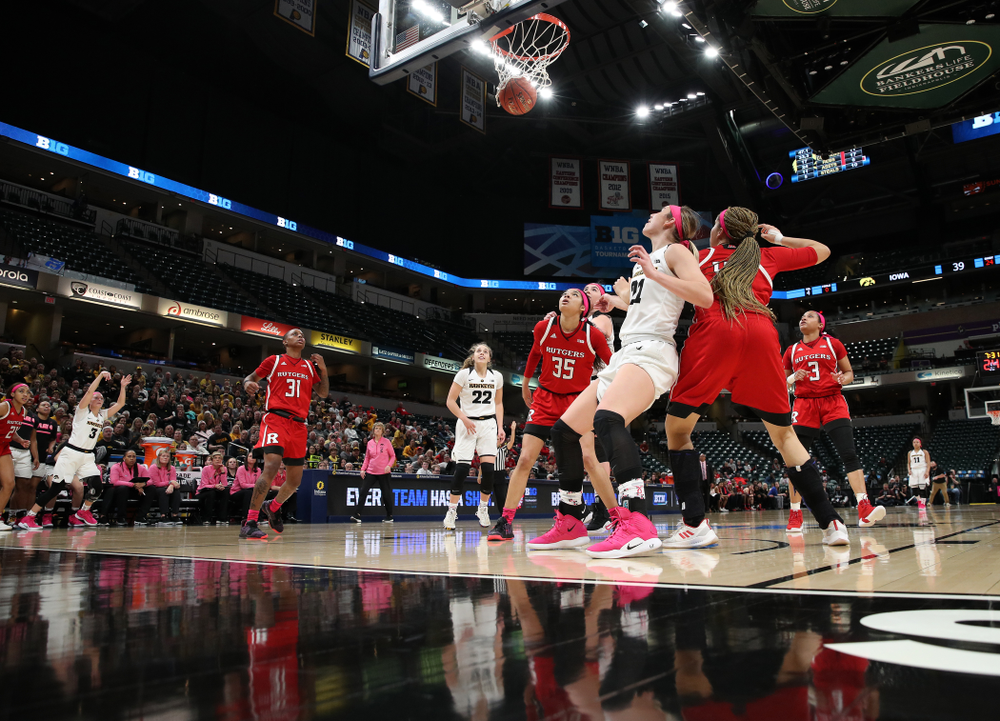Iowa Hawkeyes guard Makenzie Meyer (3) knocks down a three point basket against the Rutgers Scarlet Knights in the semi-finals of the Big Ten Tournament Saturday, March 9, 2019 at Bankers Life Fieldhouse in Indianapolis, Ind. (Brian Ray/hawkeyesports.com)