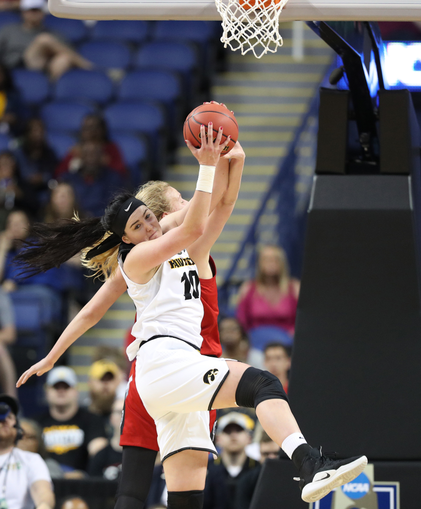 Iowa Hawkeyes forward Megan Gustafson (10) against the NC State Wolfpack in the regional semi-final of the 2019 NCAA Women's College Basketball Tournament Saturday, March 30, 2019 at Greensboro Coliseum in Greensboro, NC.(Brian Ray/hawkeyesports.com)