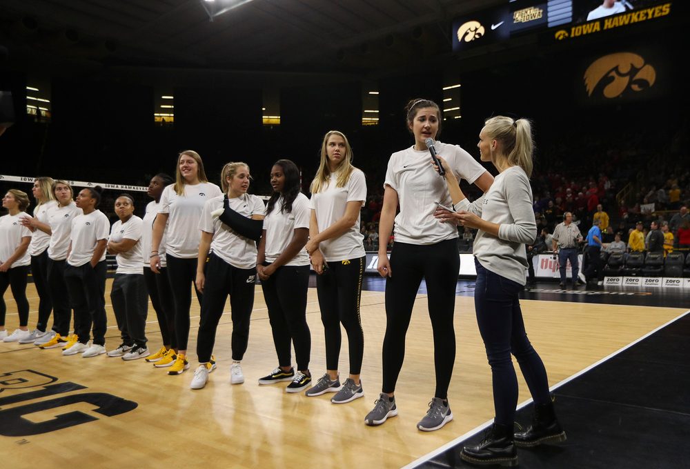 Iowa Hawkeyes women's basketball forward Megan Gustafson is interviewed during intermission during a match against Nebraska at Carver-Hawkeye Arena on November 7, 2018. (Tork Mason/hawkeyesports.com)