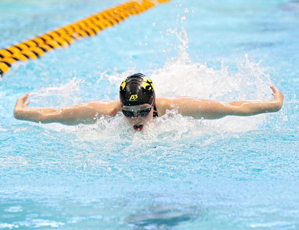 Iowa’s Kelsey Drake swims the women’s 100 yard butterfly preliminary event during the 2020 Women’s Big Ten Swimming and Diving Championships at the Campus Recreation and Wellness Center in Iowa City on Friday, February 21, 2020. (Stephen Mally/hawkeyesports.com)