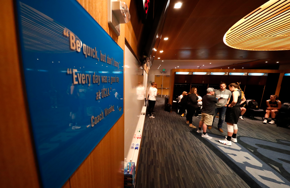 Iowa Hawkeyes forward Megan Gustafson (10) answers questions from reporters before practice Friday, March 16, 2018 at Pauley Pavilion on the campus of UCLA. (Brian Ray/hawkeyesports.com)