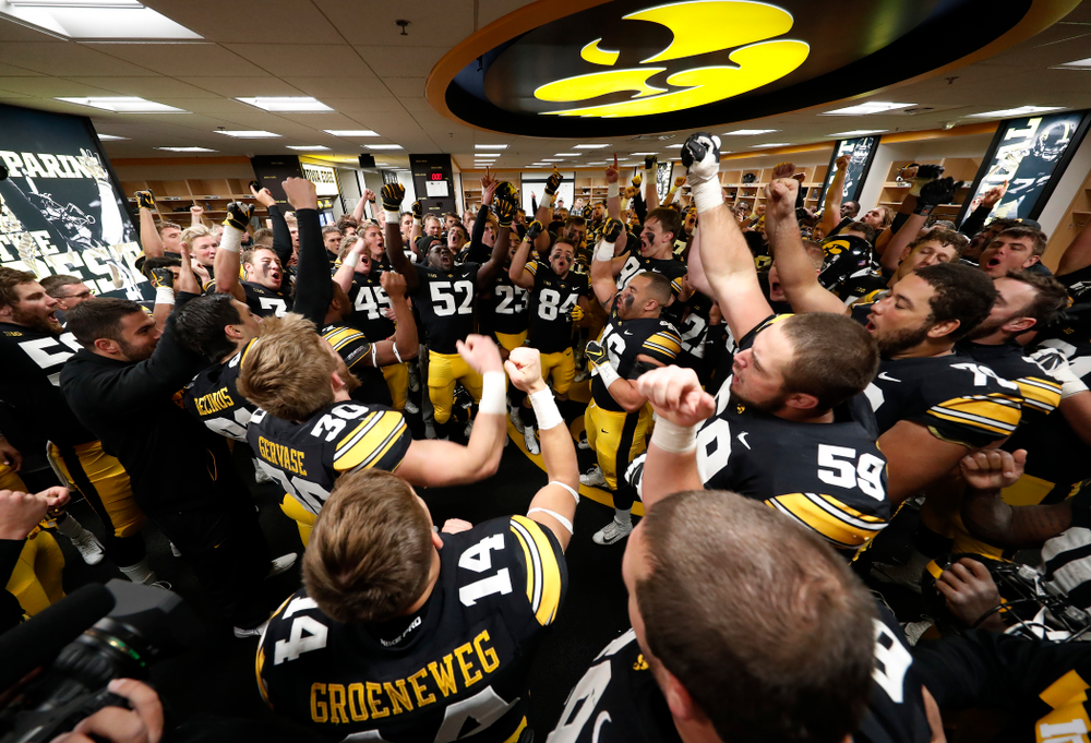 The Iowa Hawkeyes sing the "Fight Song" following their game against the Maryland Terrapins Saturday, October 20, 2018 at Kinnick Stadium (Brian Ray/hawkeyesports.com)