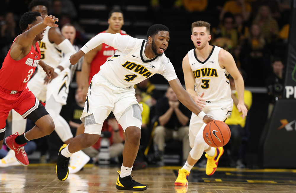 Iowa Hawkeyes guard Isaiah Moss (4) against the Ohio State Buckeyes Saturday, January 12, 2019 at Carver-Hawkeye Arena. (Brian Ray/hawkeyesports.com)