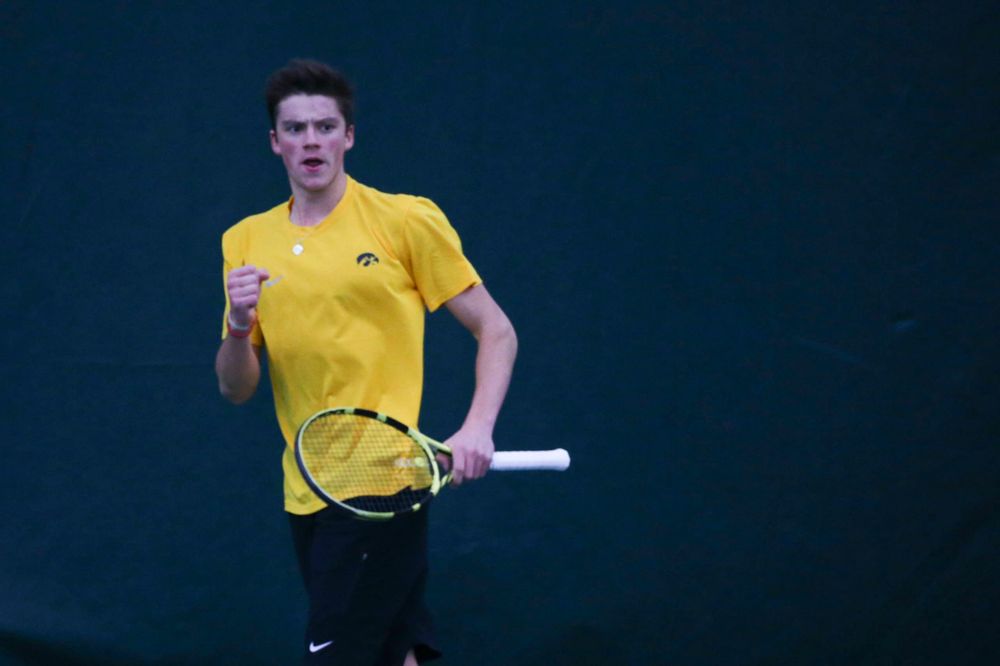 Iowa's Piotr Smietana at a tennis match vs Drake Friday, March 8, 2019 at the Hawkeye Tennis and Recreation Complex. (Lily Smith/hawkeyesports.com)