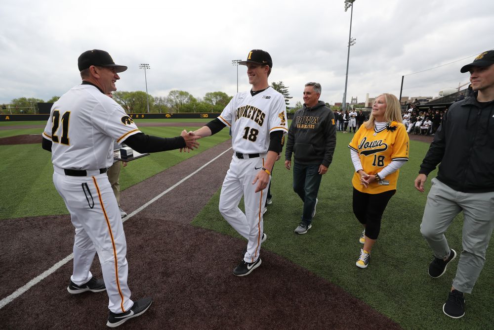 Iowa Hawkeyes Shane Ritter (18) during senior day festivities before their game against Michigan State Sunday, May 12, 2019 at Duane Banks Field. (Brian Ray/hawkeyesports.com)