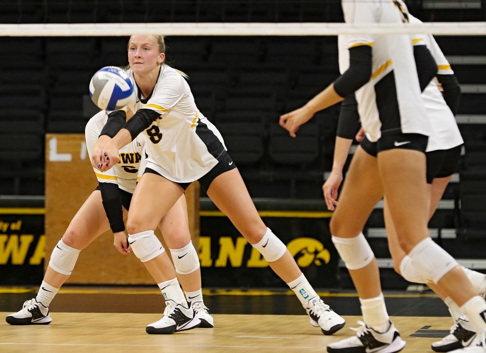 Iowa’s Kyndra Hansen (8) during the first set of the Black and Gold scrimmage at Carver-Hawkeye Arena in Iowa City on Saturday, Aug 24, 2019. (Stephen Mally/hawkeyesports.com)