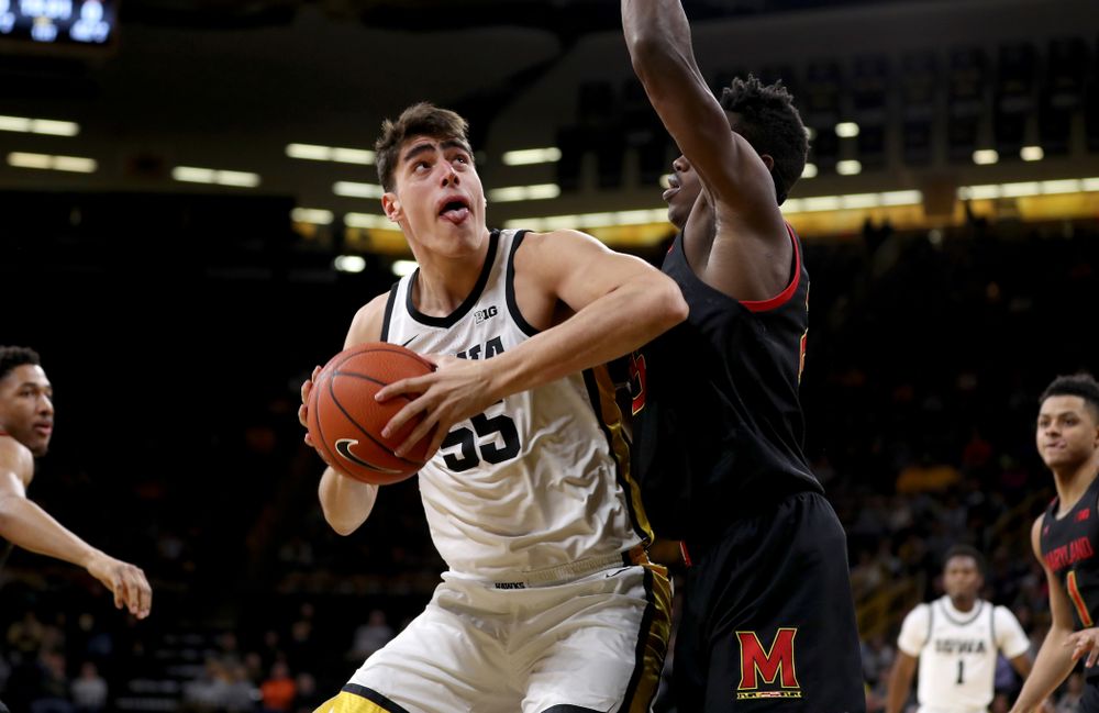 Iowa Hawkeyes forward Luka Garza (55) against the Maryland Terrapins Friday, January 10, 2020 at Carver-Hawkeye Arena. (Brian Ray/hawkeyesports.com)