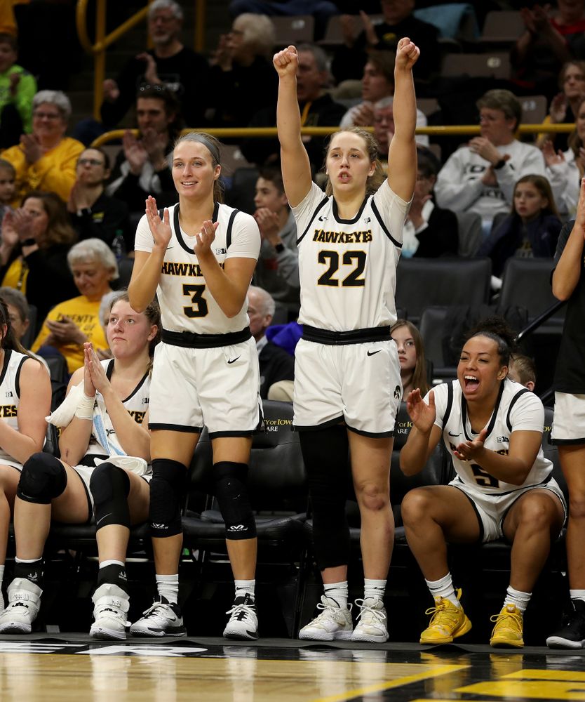 Iowa Hawkeyes guard Makenzie Meyer (3) and guard Kathleen Doyle (22) against Penn State Saturday, February 22, 2020 at Carver-Hawkeye Arena. (Brian Ray/hawkeyesports.com)