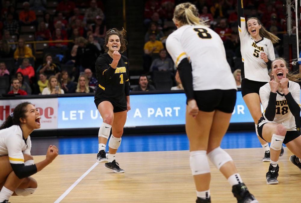 Iowa Hawkeyes defensive specialist Molly Kelly (1) celebrates after winning a point during a match against Nebraska at Carver-Hawkeye Arena on November 7, 2018. (Tork Mason/hawkeyesports.com)