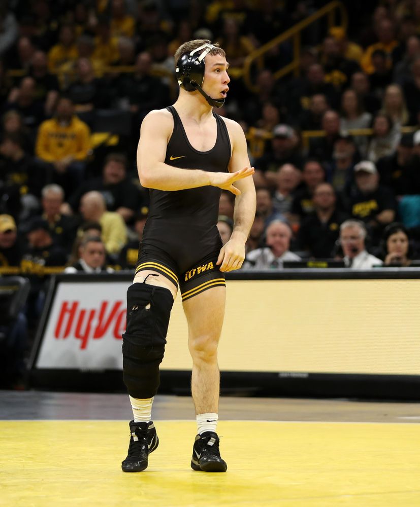 Iowa’s Spencer Lee wrestles Penn State’s Brandon Meredith at 125 pounds Friday, January 31, 2020 at Carver-Hawkeye Arena.Lee won the match by technical fall. (Brian Ray/hawkeyesports.com)