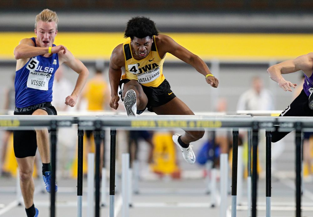 Iowa’s Anthony Williams runs the men’s 60 meter hurdles event at the Black and Gold Invite at the Recreation Building in Iowa City on Saturday, February 1, 2020. (Stephen Mally/hawkeyesports.com)