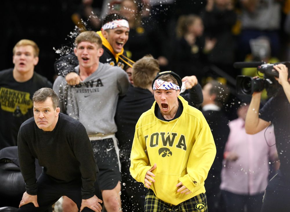 Iowa’s Spencer Lee celebrates as Michael Kemerer defeats Penn State’s Mark Hall in his 174-pound match during their dual at Carver-Hawkeye Arena in Iowa City on Friday, January 31, 2020. (Stephen Mally/hawkeyesports.com)
