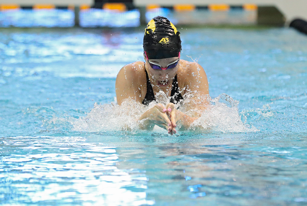Iowa’s Zoe Mekus swims in the women’s 100 yard breaststroke time trial event during the 2020 Women’s Big Ten Swimming and Diving Championships at the Campus Recreation and Wellness Center in Iowa City on Saturday, February 22, 2020. (Stephen Mally/hawkeyesports.com)