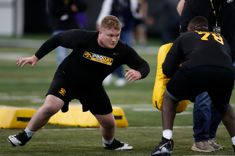 Iowa Hawkeyes offensive lineman Sean Welsh (79) during the team's annual pro day Monday, March 26, 2018 at the Hansen Football Performance Center. (Brian Ray/hawkeyesports.com)