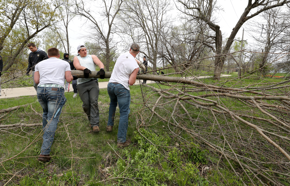Members of the Hawkeye Football team volunteer with the Iowa City Public Works department along the Iowa River during the annual Iowa Athletics Day of Caring Sunday, April 28, 2019 in Iowa City. (Brian Ray/hawkeyesports.com)