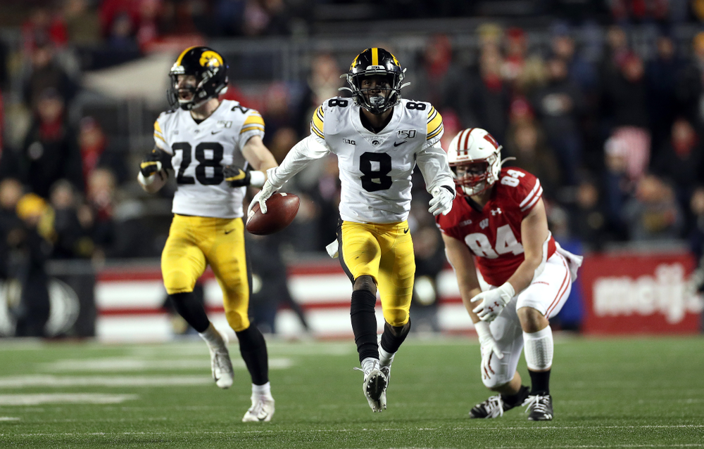 Iowa Hawkeyes defensive back Matt Hankins (8) against the Wisconsin Badgers Saturday, November 9, 2019 at Camp Randall Stadium in Madison, Wisc. (Brian Ray/hawkeyesports.com)