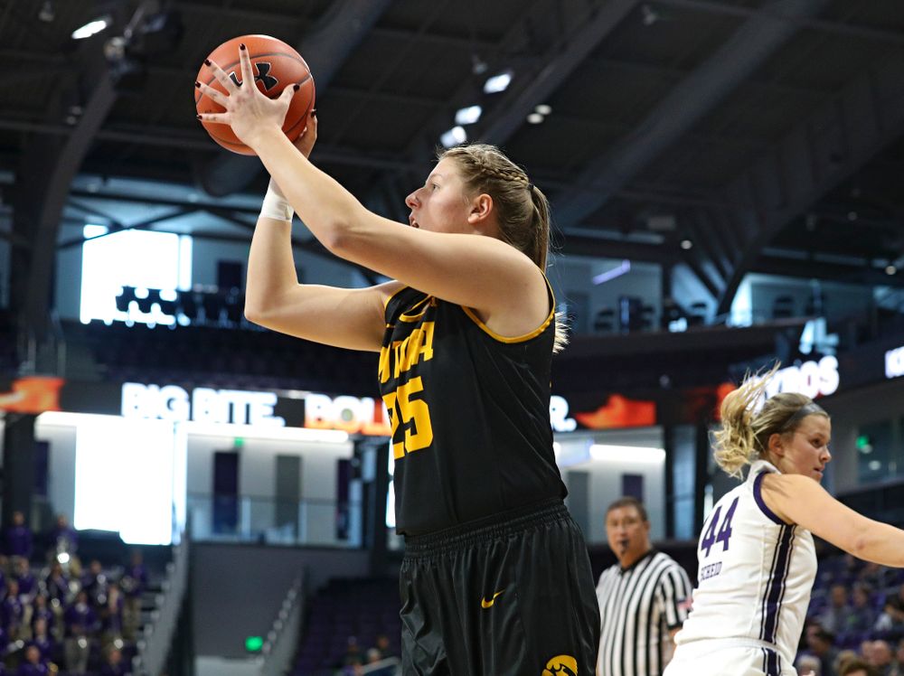 Iowa Hawkeyes forward Monika Czinano (25) makes a basket during the first quarter of their game at Welsh-Ryan Arena in Evanston, Ill. on Sunday, January 5, 2020. (Stephen Mally/hawkeyesports.com)