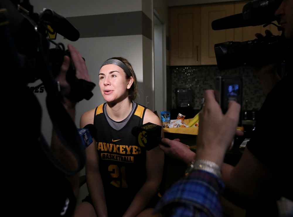 Iowa Hawkeyes forward Hannah Stewart (21) answers questions during media availability before their next game in the 2019 NCAA Women's Basketball Tournament at Carver Hawkeye Arena in Iowa City on Saturday, Mar. 23, 2019. (Stephen Mally for hawkeyesports.com)