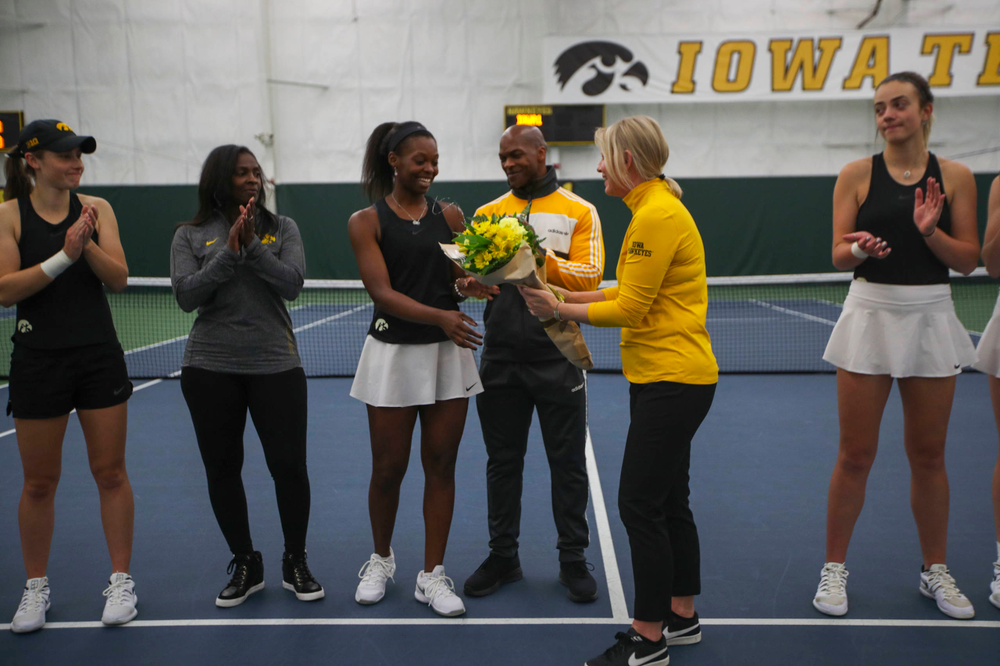 IowaÕs Adorabol Huckleby at womenÕs tennis senior day vs Nebraska on Saturday, April 13, 2019 at the Hawkeye Tennis and Recreation Complex. (Lily Smith/hawkeyesports.com)