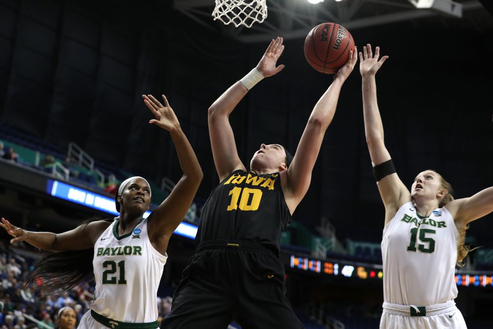 Iowa Hawkeyes forward Megan Gustafson (10) against the Baylor Lady Bears in the regional final of the 2019 NCAA Women's College Basketball Tournament Monday, April 1, 2019 at Greensboro Coliseum in Greensboro, NC.(Brian Ray/hawkeyesports.com)