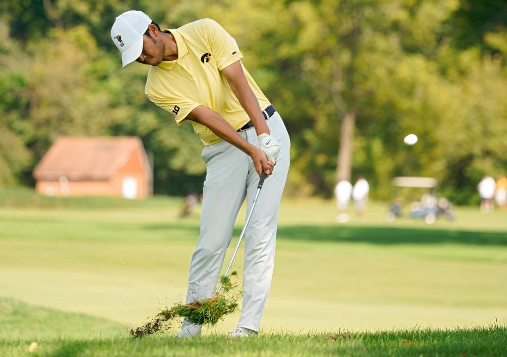 Iowa’s Joe Kim drives a shot during the third day of the Golfweek Conference Challenge at the Cedar Rapids Country Club in Cedar Rapids on Tuesday, Sep 17, 2019. (Stephen Mally/hawkeyesports.com)