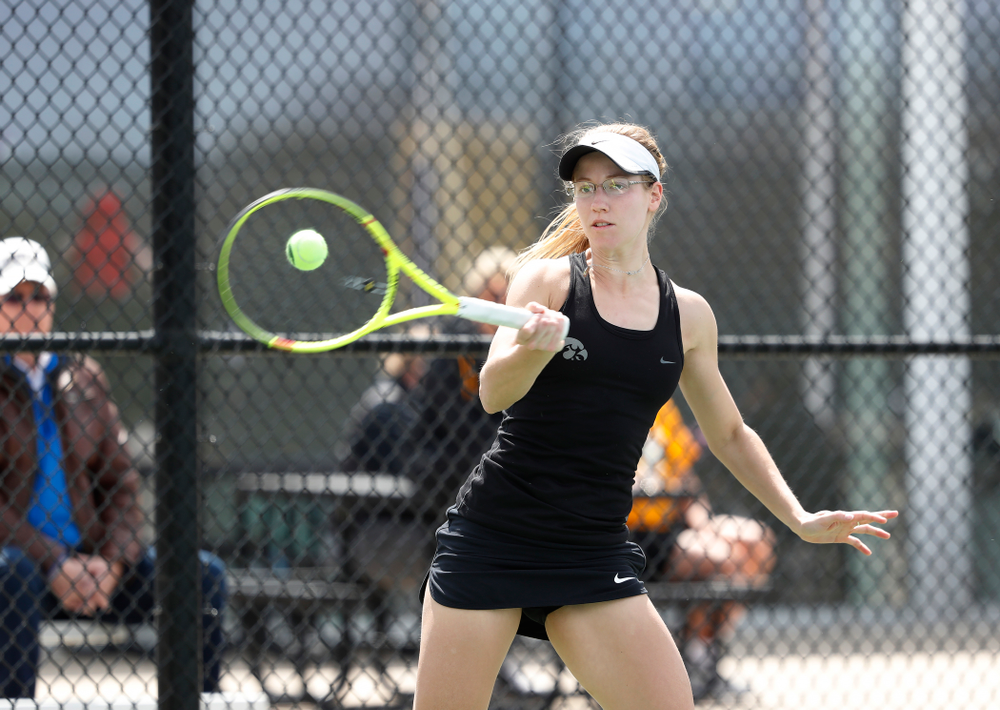 Iowa's Montana Crawford against the Wisconsin Badgers Sunday, April 22, 2018 at the Hawkeye Tennis and Recreation Center. (Brian Ray/hawkeyesports.com)