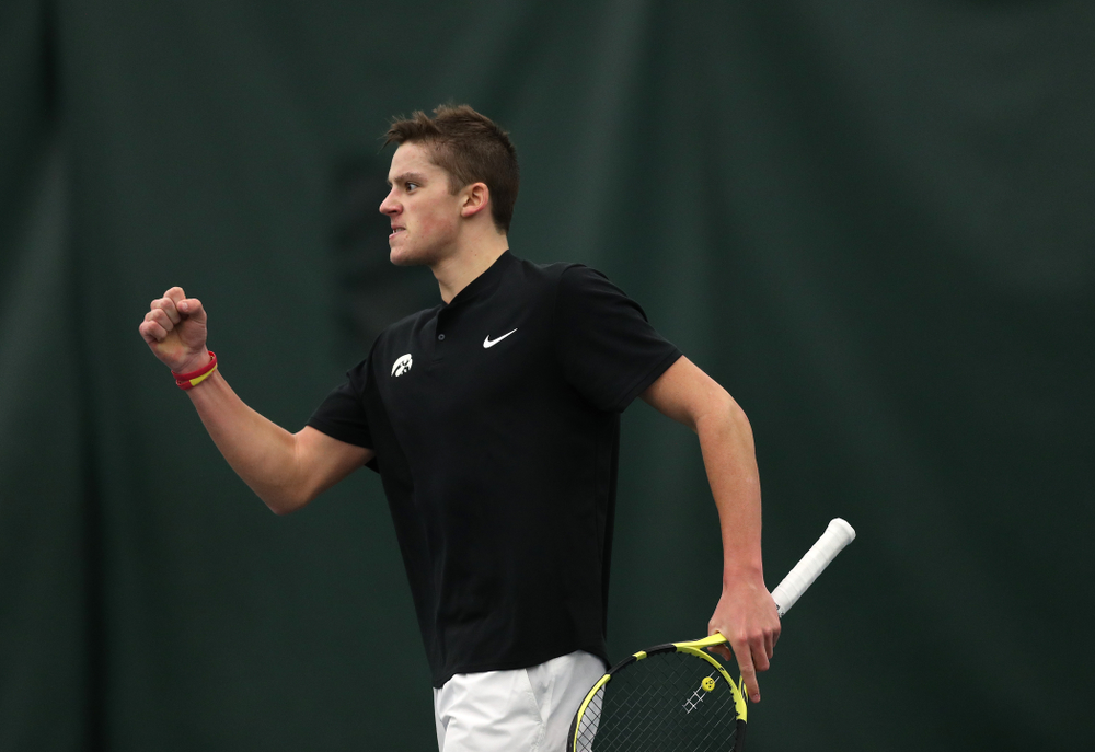 Joe Tyler against Utah Sunday, February 10, 2019 at the Hawkeye Tennis and Recreation Complex. (Brian Ray/hawkeyesports.com)