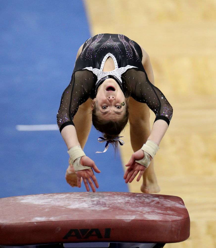 Iowa’s Bridget Killian competes on the vault against Michigan State Saturday, February 1, 2020 at Carver-Hawkeye Arena. (Brian Ray/hawkeyesports.com)