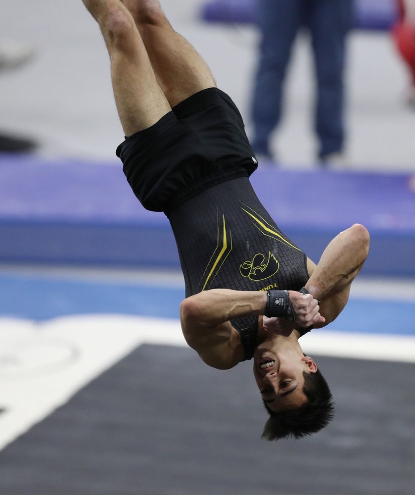 Iowa's Andrew Herrador competes on the floor against Oklahoma Saturday, February 9, 2019 at Carver-Hawkeye Arena. (Brian Ray/hawkeyesports.com)